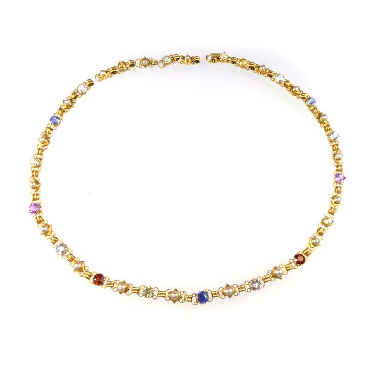 Antique gold, coloured gem and pearl necklace